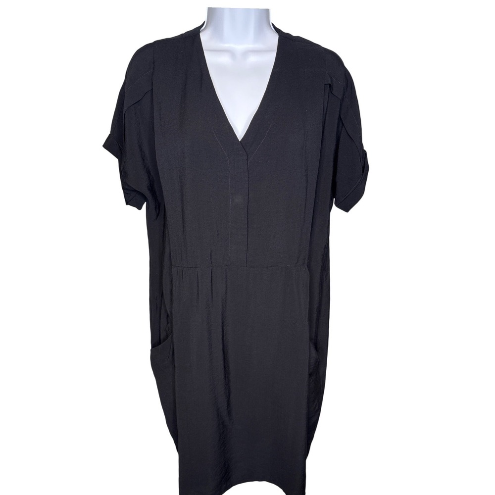 Whistles Womens Black V-Neck Shift Dress Sz 10 Pockets Minimalist Lighweight‎